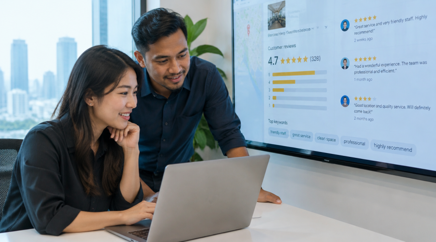 Singapore team reviewing Google Business Profile customer reviews